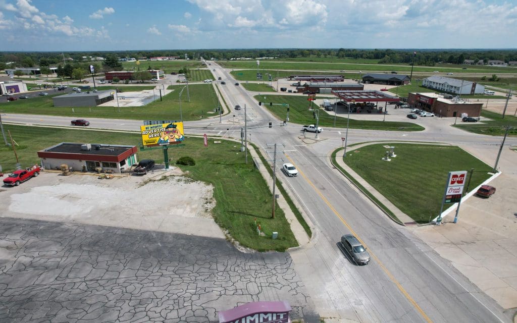A view of an intersection from above.