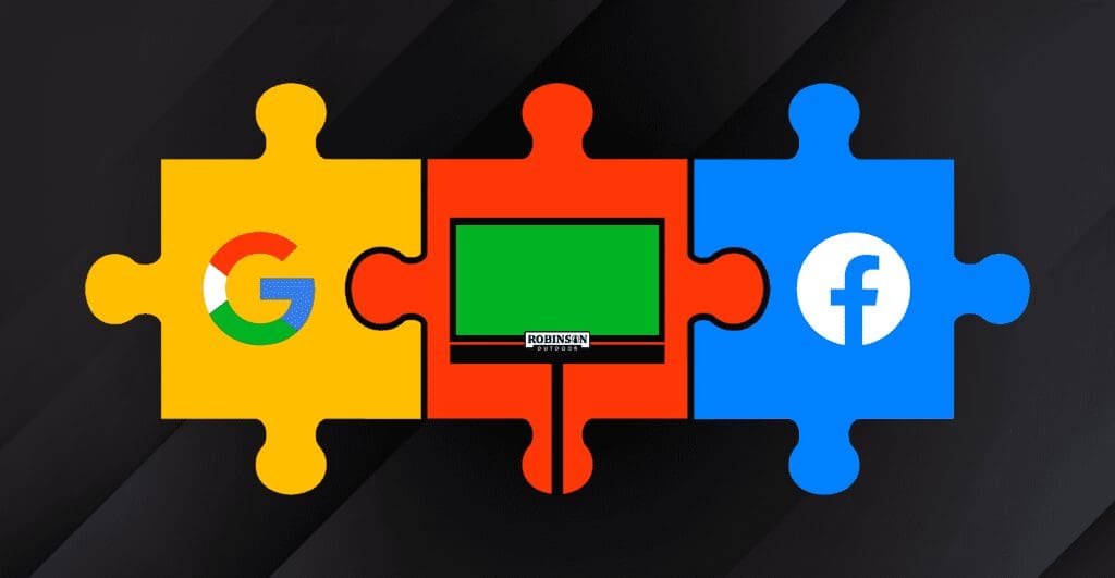 A puzzle piece with google, apple and facebook on it.