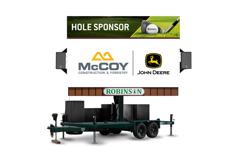 A billboard advertising a golf course with the name of john deere and sponsor.