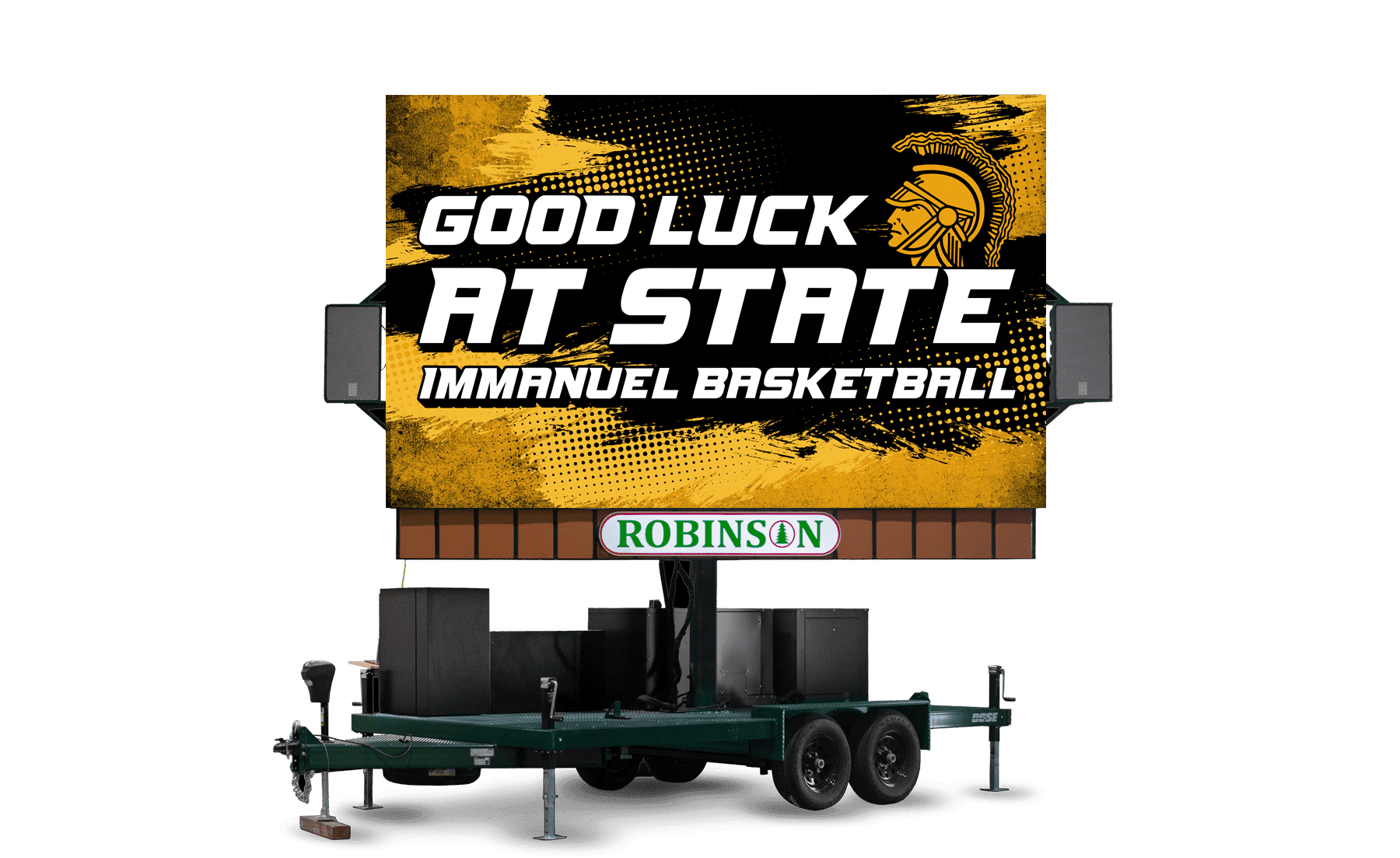 A large billboard with the words " good luck at state immanuel basketball ".