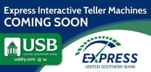 A banner with the words " interactive teller machine coming soon ".