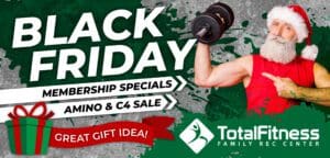 A black friday ad with a man lifting weights.