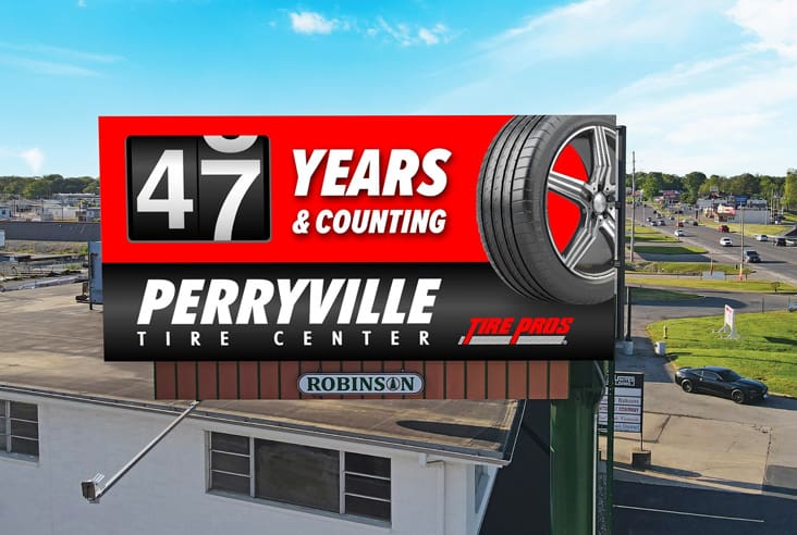 Perryville Tire Center 47 years billboard