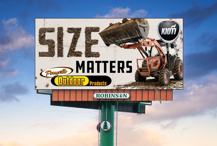 Billboard reading "Size Matters" with front-loader tractor